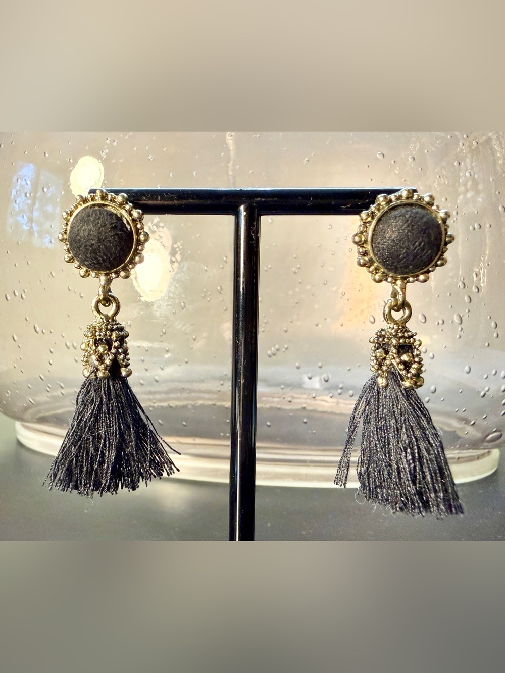 Bohemian Gold Tone Black Tassel Dangle Earrings New Without Tags